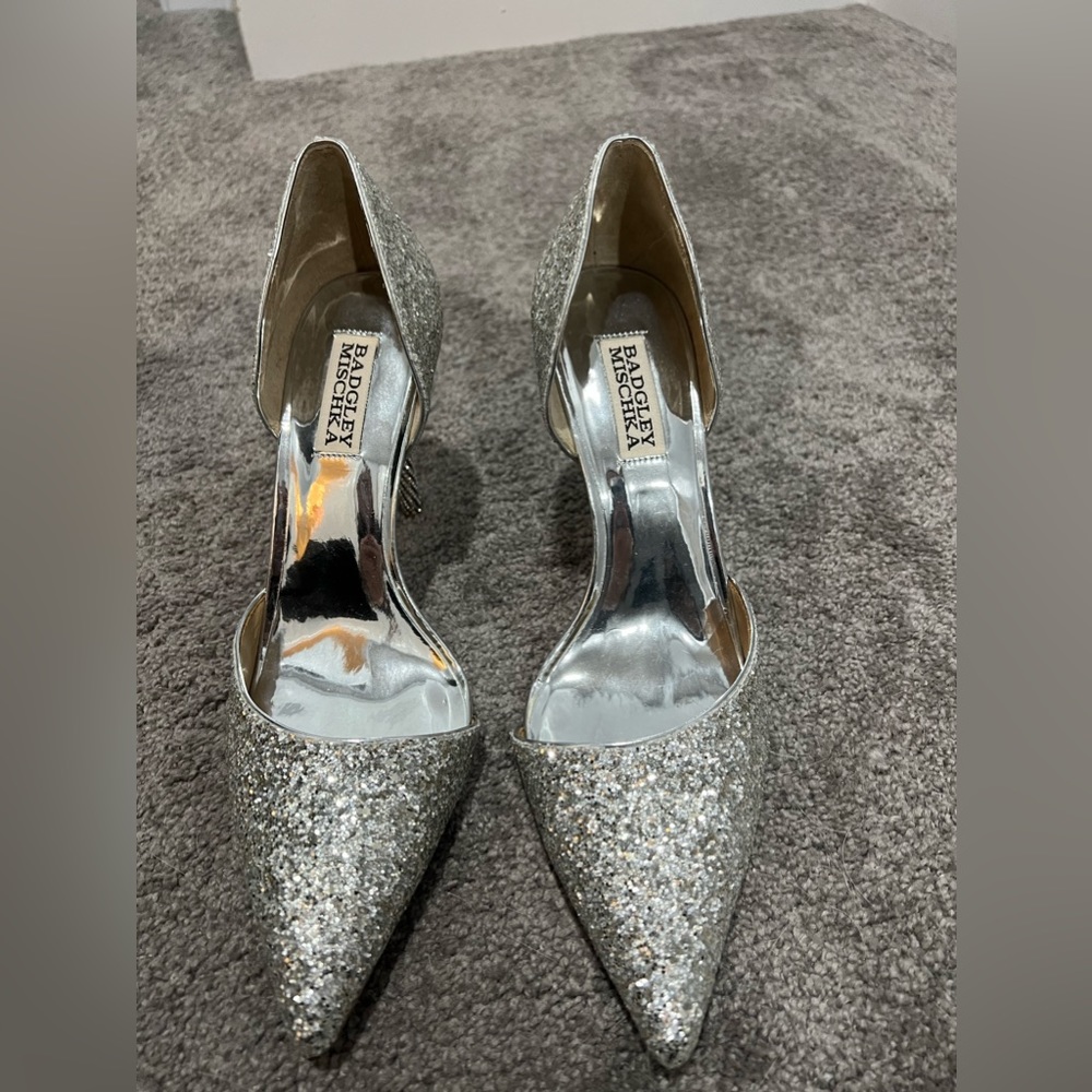 Badgley Mischka silver glitter heels